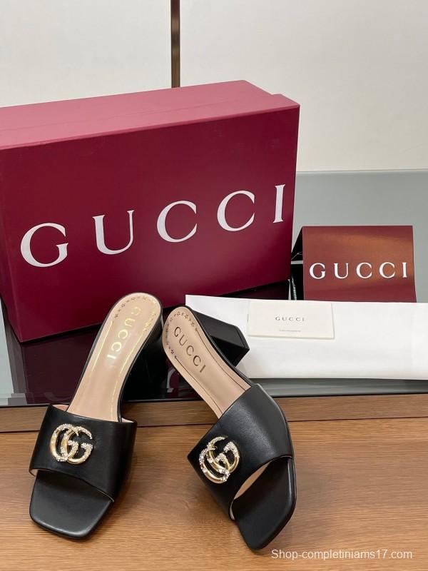 2025 Women Gucci Black Leather Slippers Crystal GG Buckle LY00280