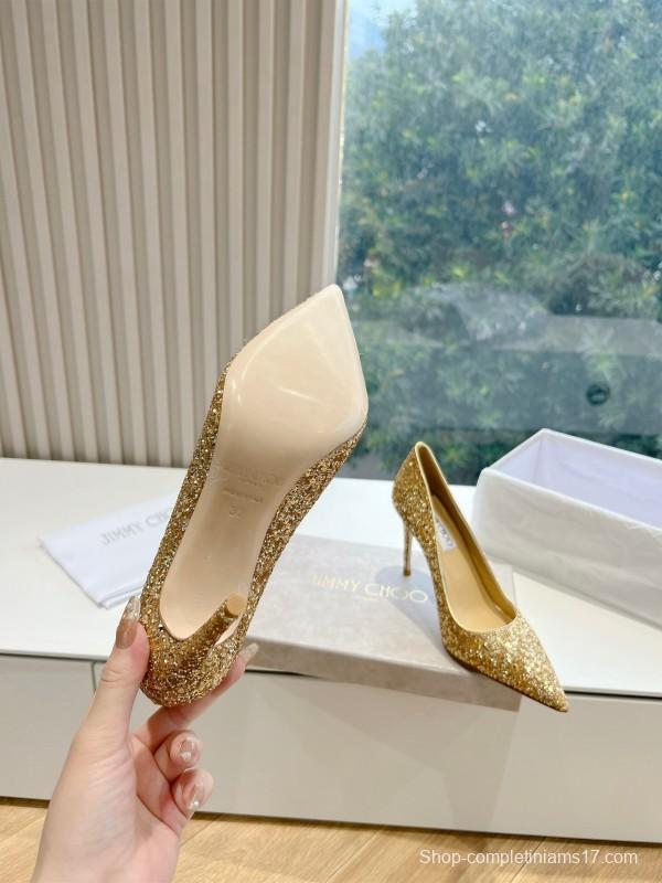 2025 Women Jimmy Choo Gold Crystal Leather Heels KFY00280