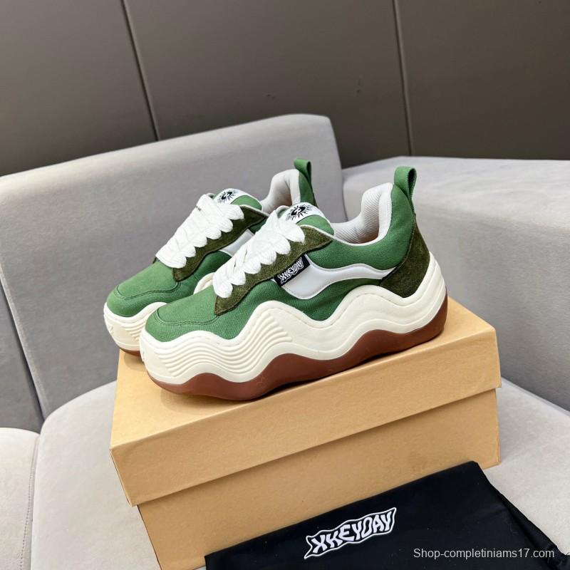 2025 Unisex HEYDAY Green White Canvas Leather Wave Sneakers KFY00260