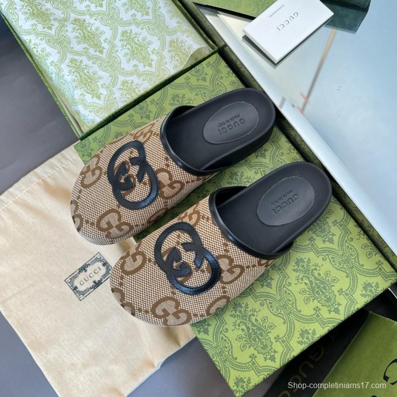 2024 Unisex Gucci Beige Brown Leather Slippers GG Pattern MJ00280