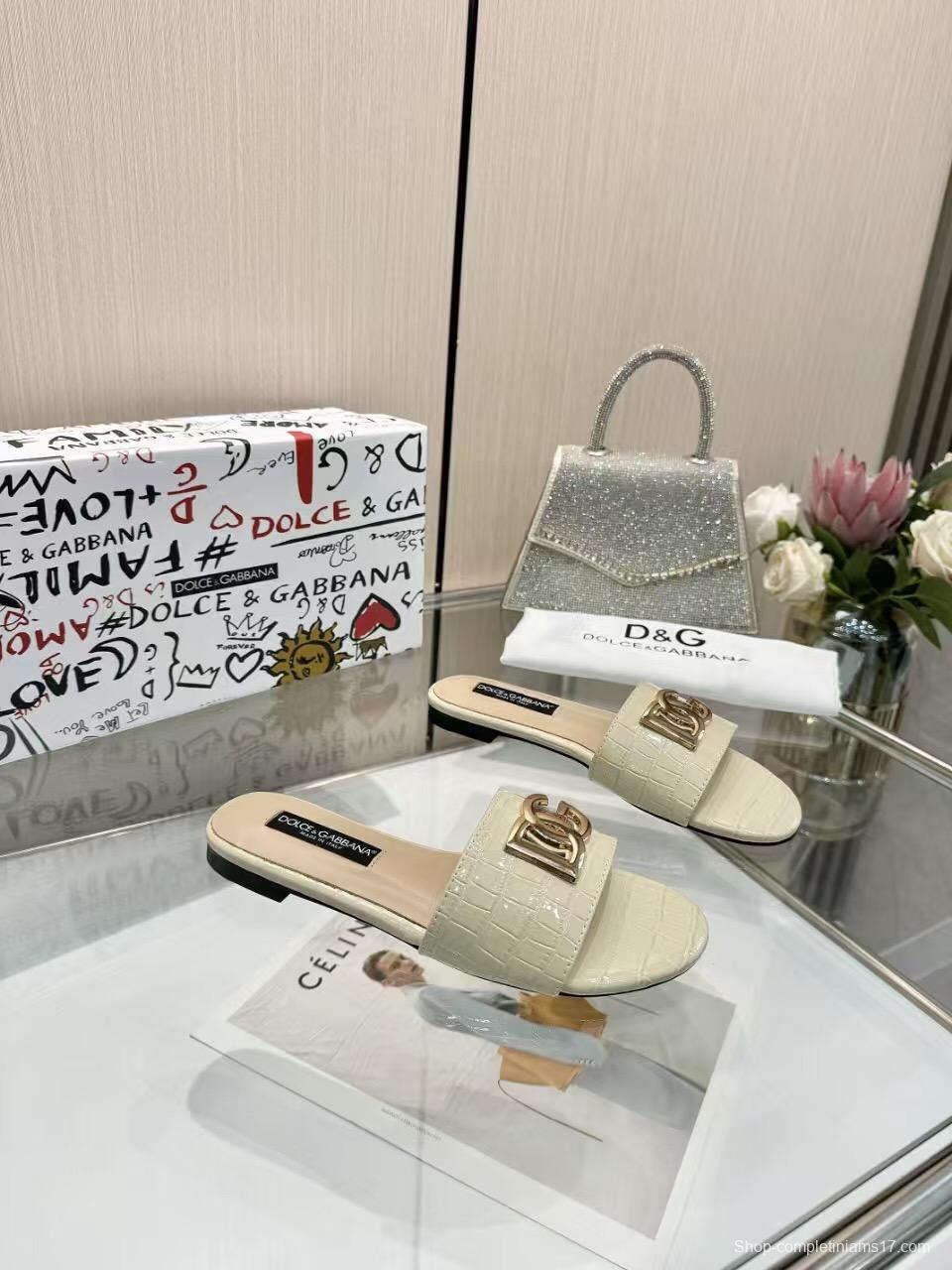 2025 Women Dolce & Gabbana Beige Leather Slippers