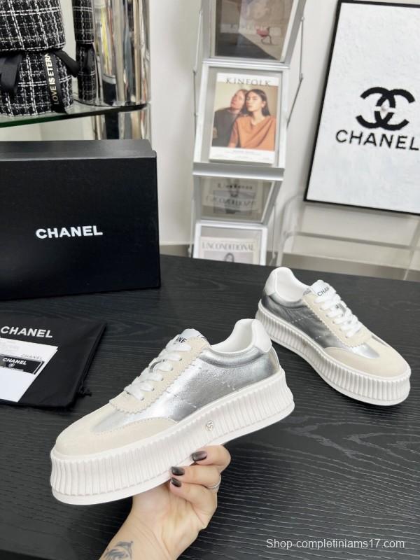 2025 Women Chanel White Silver Suede Leather Sneakers LY00270