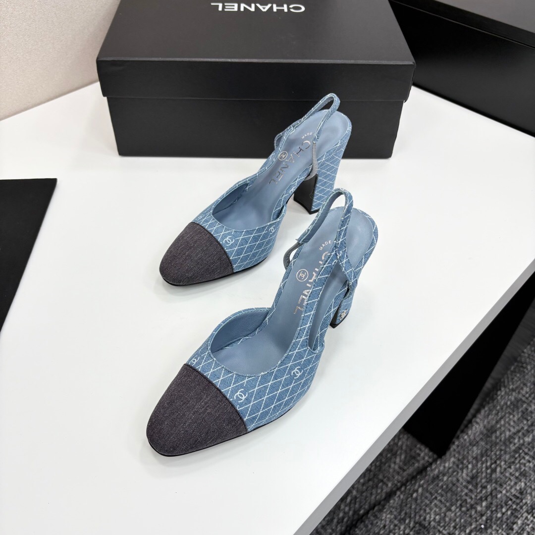 2025 Women Chanel Blue Black Denim Leather Slingback LY00270