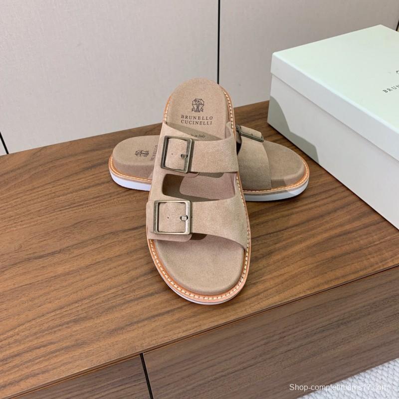 2025 Unisex Brunello Cucinelli Beige Suede Leather Slippers KFY00250