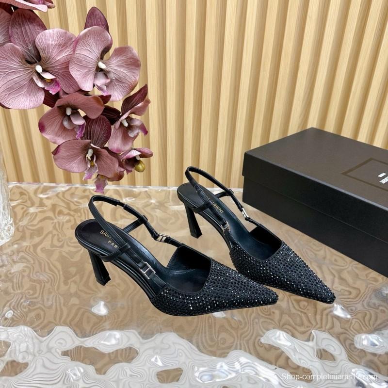 2024 Women Yves Saint Laurent Black Silk Slingback Heels MJ00320