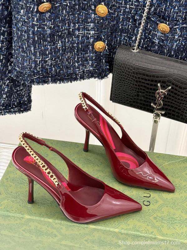 2025 Women Gucci Burgundy Patent Leather Slingback Chain High Heel KFY00300