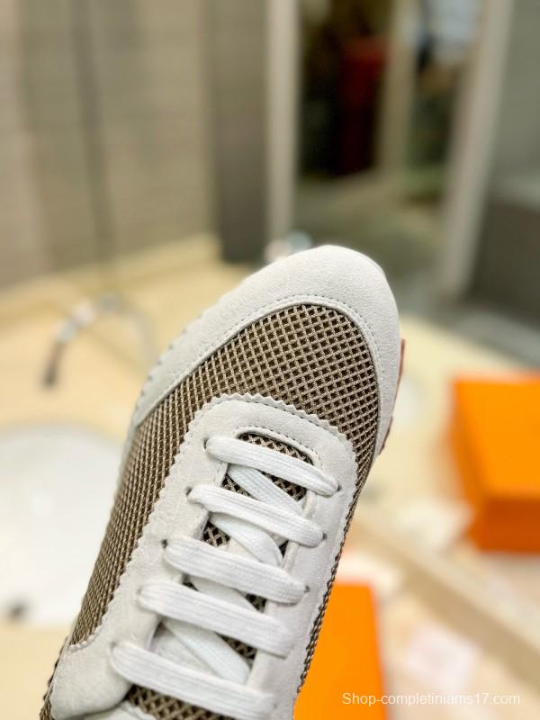 2024 Women Hermès beige white mesh leather sneakers