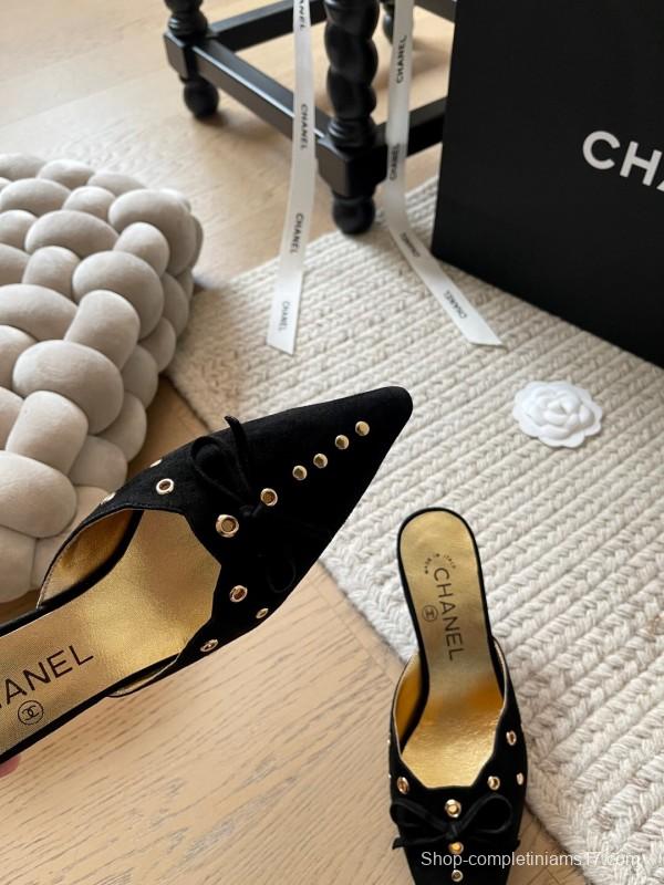 2025 Women Chanel Black Suede Pointed Toe Studded Mules