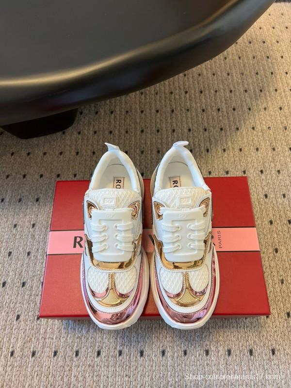 2025 Women Roger Vivier White Pink Leather Mesh Sneakers KFY00380