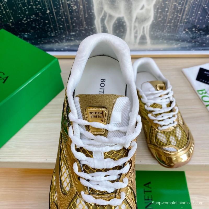 2025 Unisex Bottega Veneta Gold Lightweight Mesh Runner Sneakers Geometric Rubber Sole LY00310