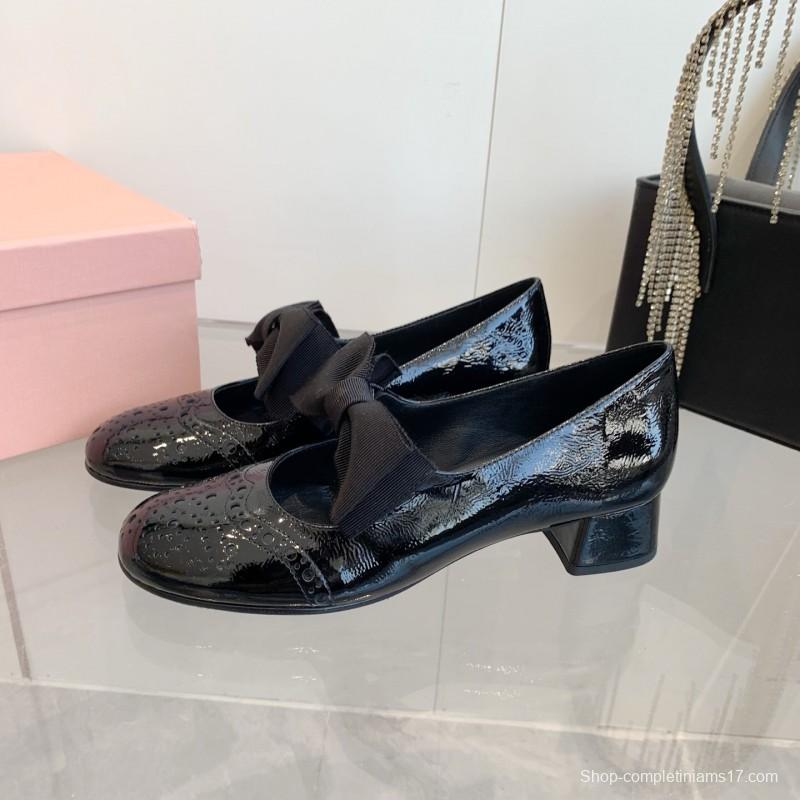 2025 Women Miu Miu Black Patent Leather Mary Jane Bow KFY00280