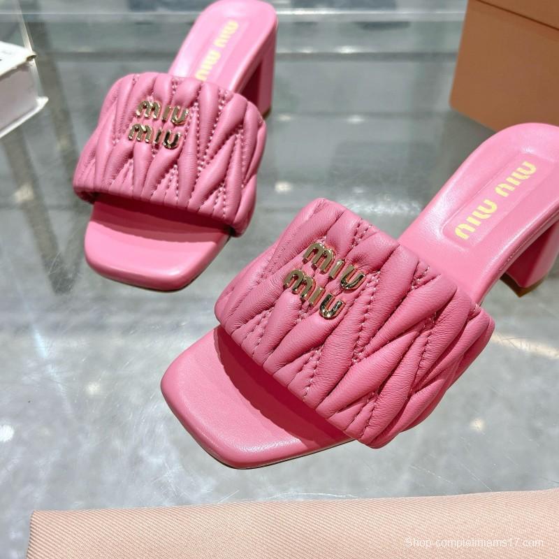 2025 Women Miu Miu Pink Sheepskin Heeled Sandals Quilted KFY00250