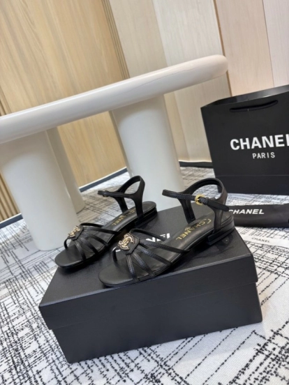 2025 Women Chanel Black Leather Sandals LY00270