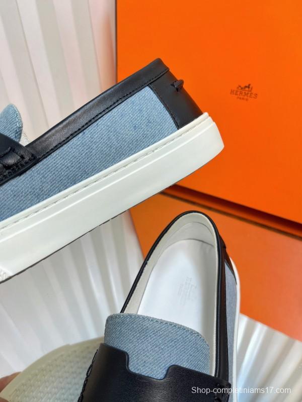 2025 Women Hermès Blue Black Leather Denim Loafers LY00310