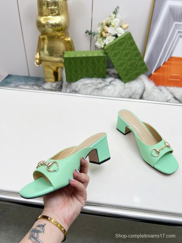 2025 Women Gucci Green Leather Heeled Slippers MJ00180