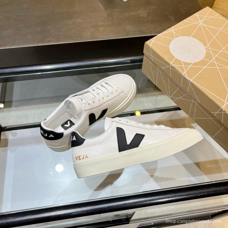 2025 Unisex VEJA White Black Leather Canvas Sneakers V Logo MJ00240(W/M)