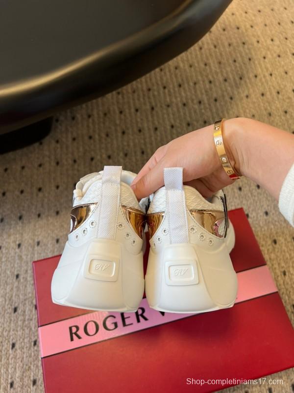 2025 Women Roger Vivier White Pink Leather Mesh Sneakers KFY00380