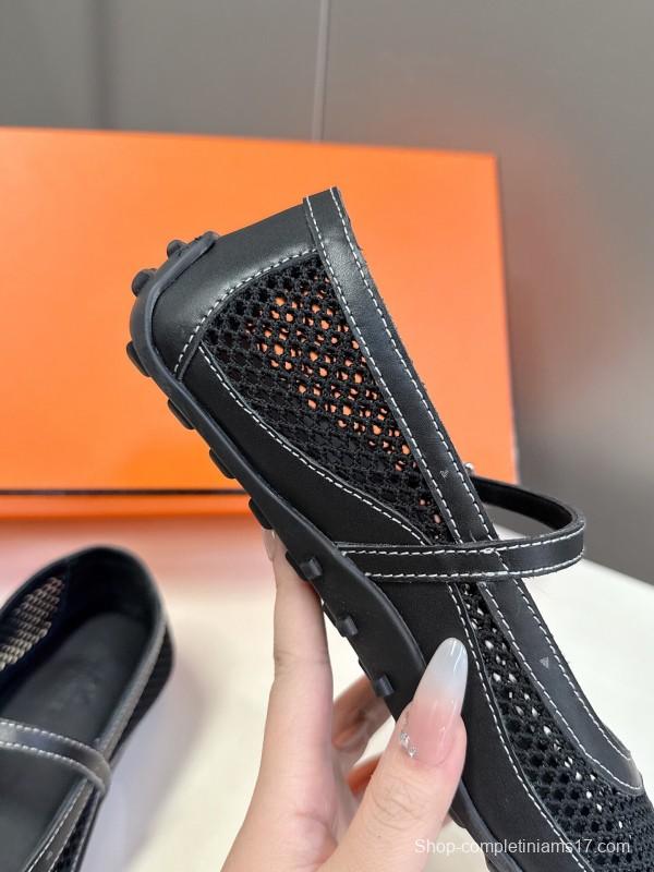 2025 Women Hermès Black Mesh Leather Mary Jane Shoes