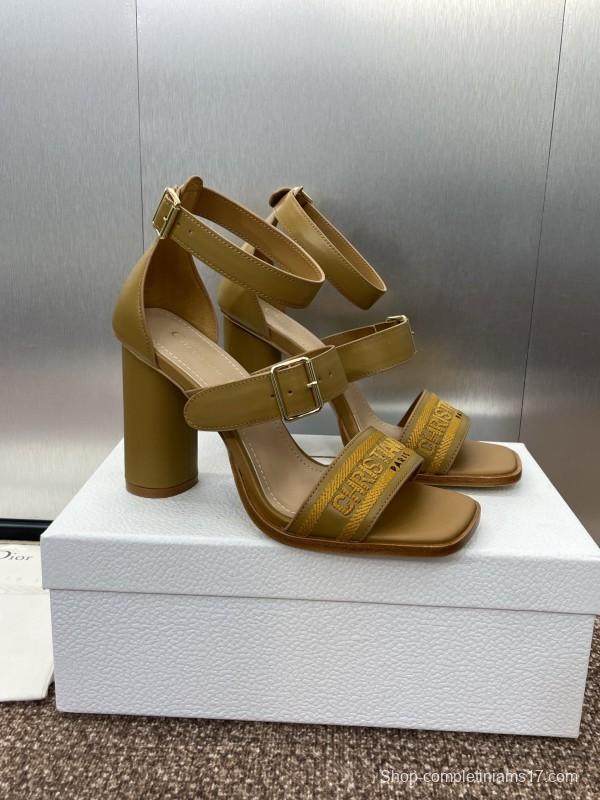 2025 Women Dior Yellow Leather Embroidered High Heel Sandals