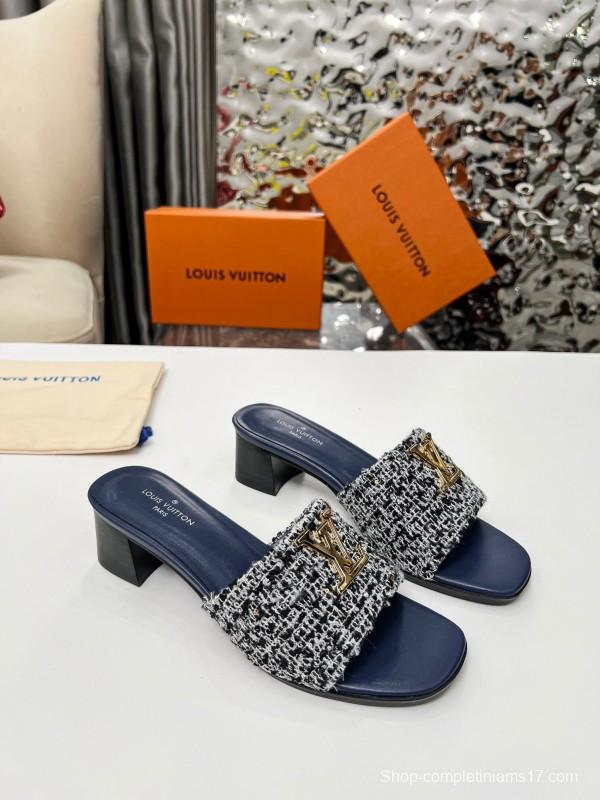 2025 Women Louis Vuitton Navy White Tweed Leather Heeled Sandals LY00220