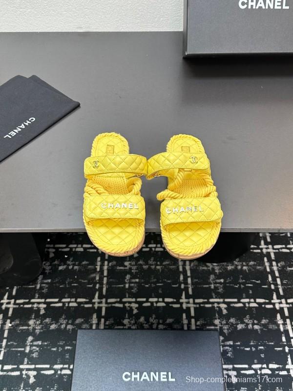2025 CHANEL Yellow Quilted Fabric Slippers