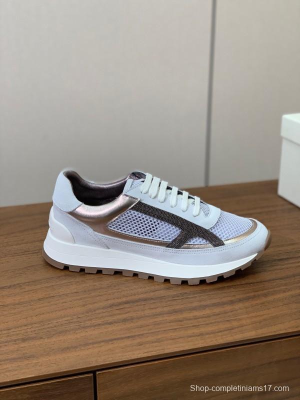 2025 Women Brunello Cucinelli White Silver Mesh Leather Sneakers