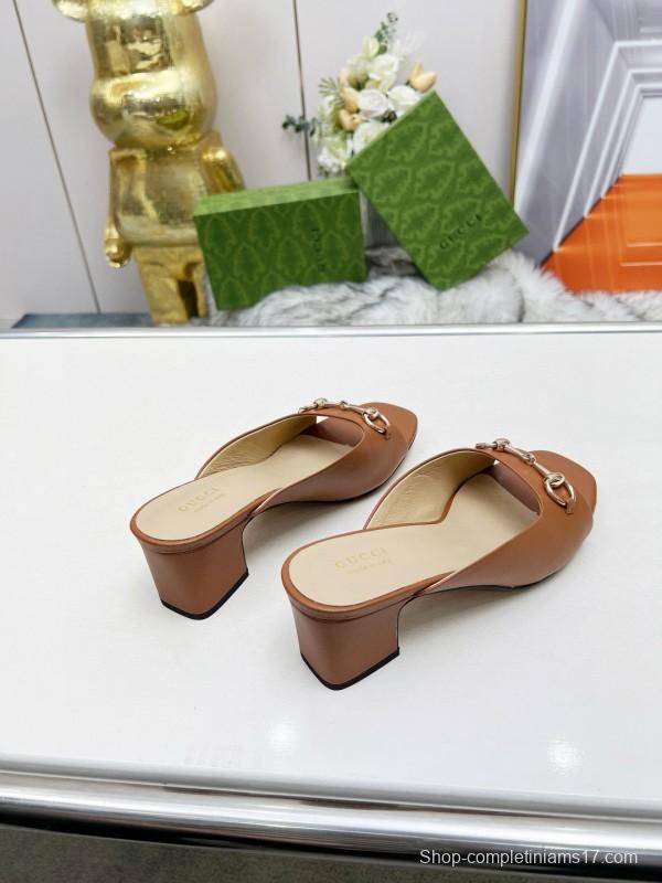 2025 Women Gucci Brown Leather Mules Classic Buckle MJ00180/215
