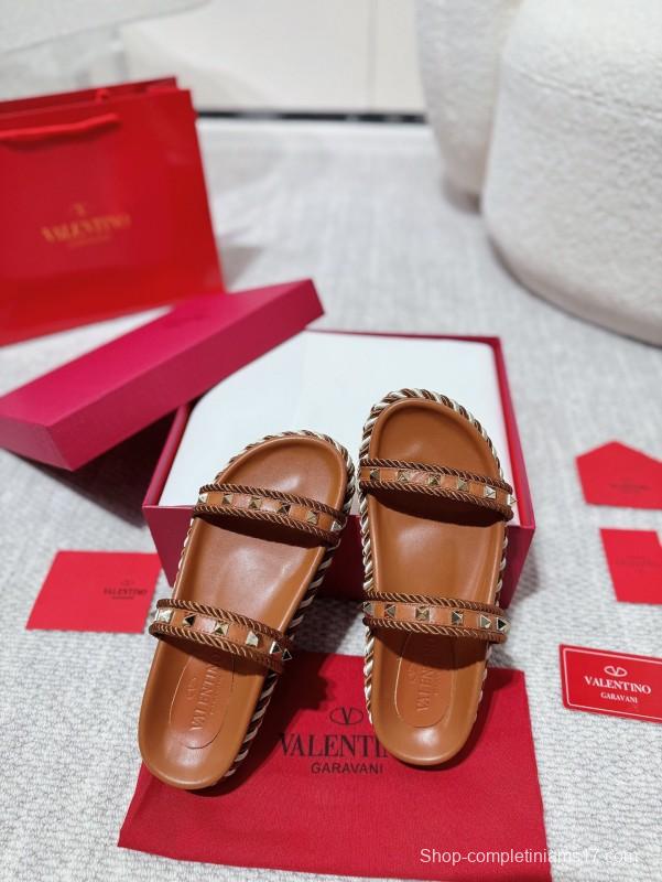 2025 Women Valentino Brown Leather Sandals Braided Rope Sole LY00250
