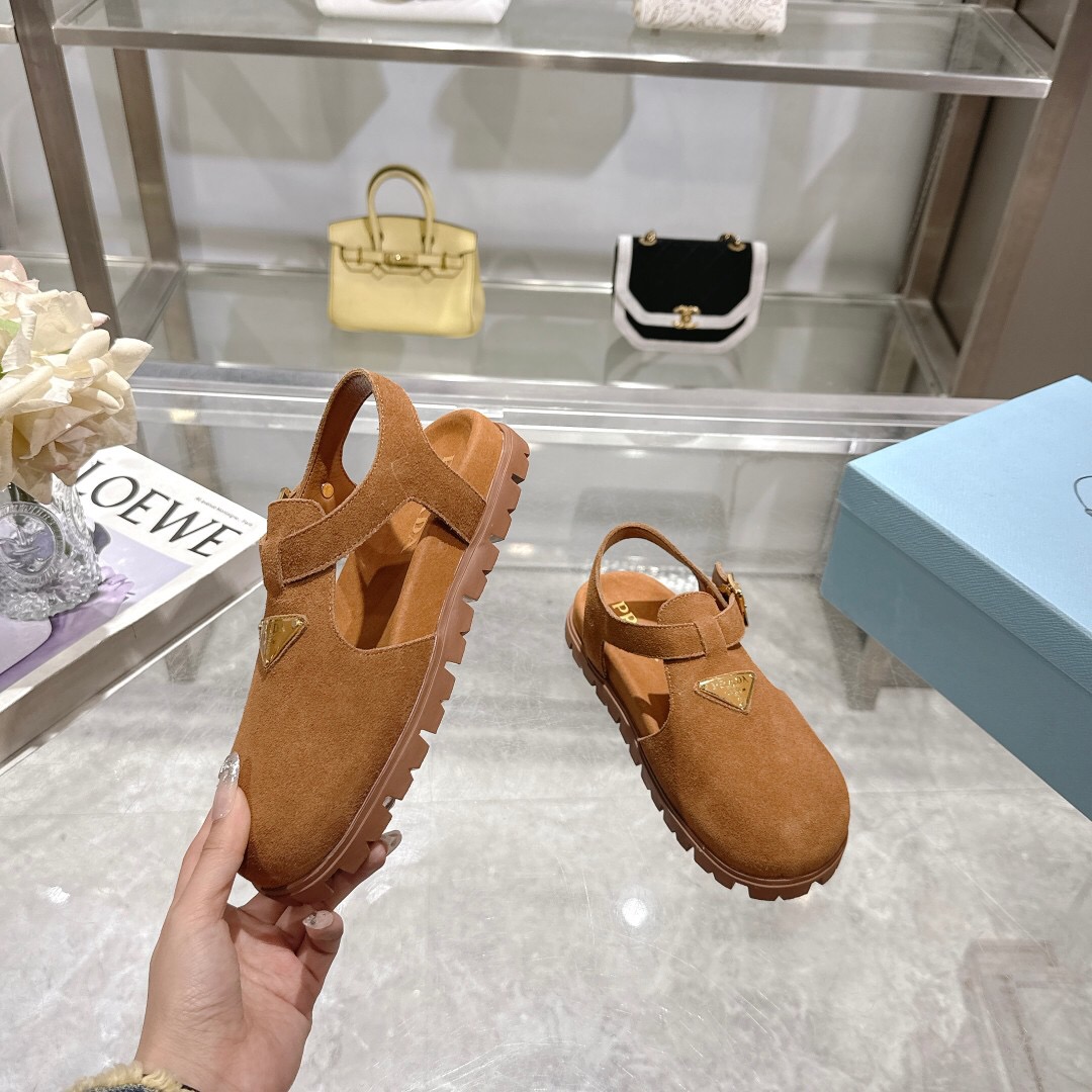 2025 Women Prada Brown Suede Sandals LY00270