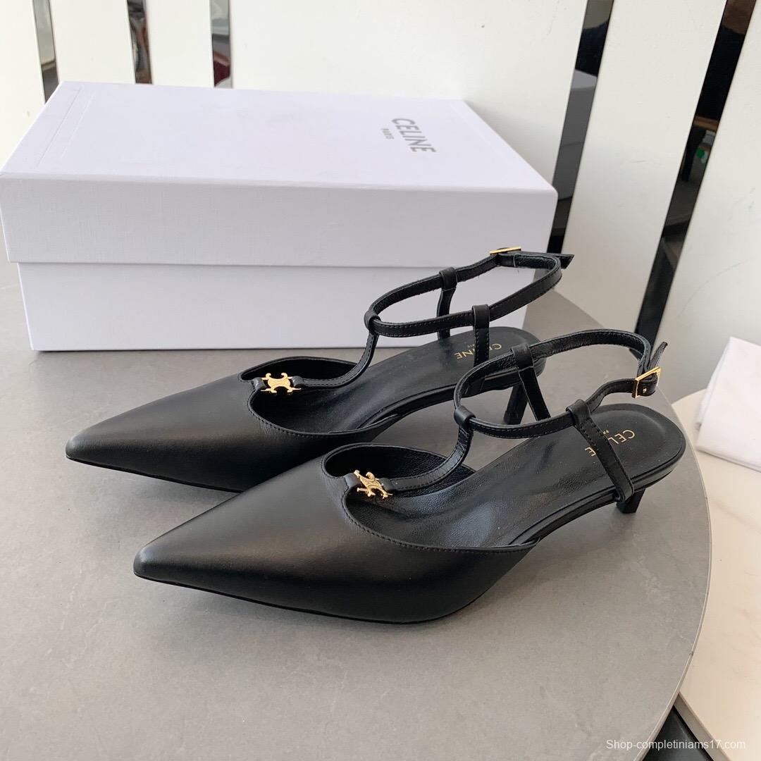 2025 Women Celine Black Calfskin Leather T-Strap TRIOMPHE Pumps