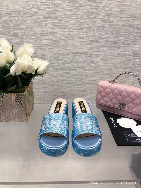 2025 Women Chanel Blue Fabric Platform Slippers LY00320