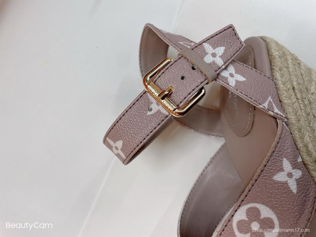 2025 Women Louis Vuitton Brown Beige Canvas Leather Wedge Sandals MJ00280