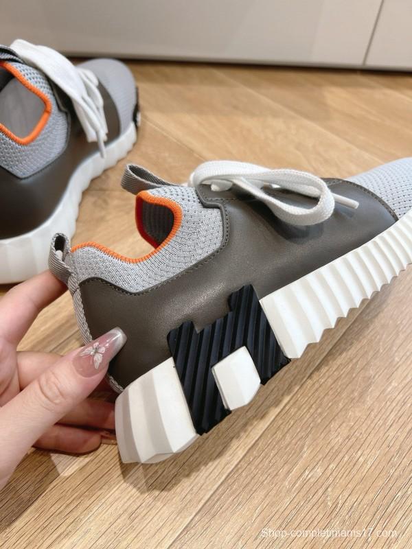 2024 Unisex Hermès Beige Grey Orange Black Leather Suede Knit Sneakers MJ00290