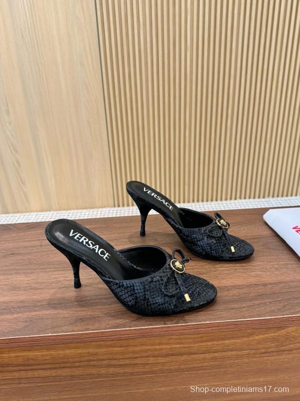 2025 Women VERSACE Black Leather Mule Heels LY00250