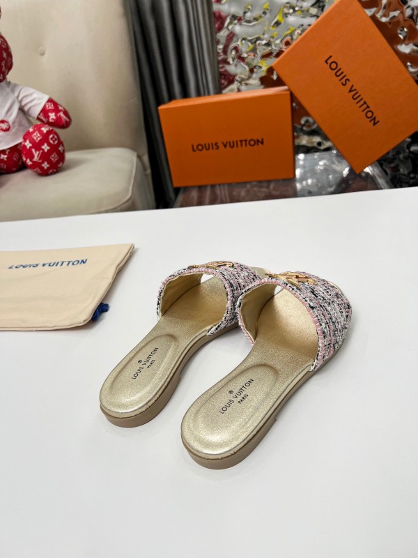 2025 Women Louis Vuitton Pink White Gold Fabric Leather Slippers