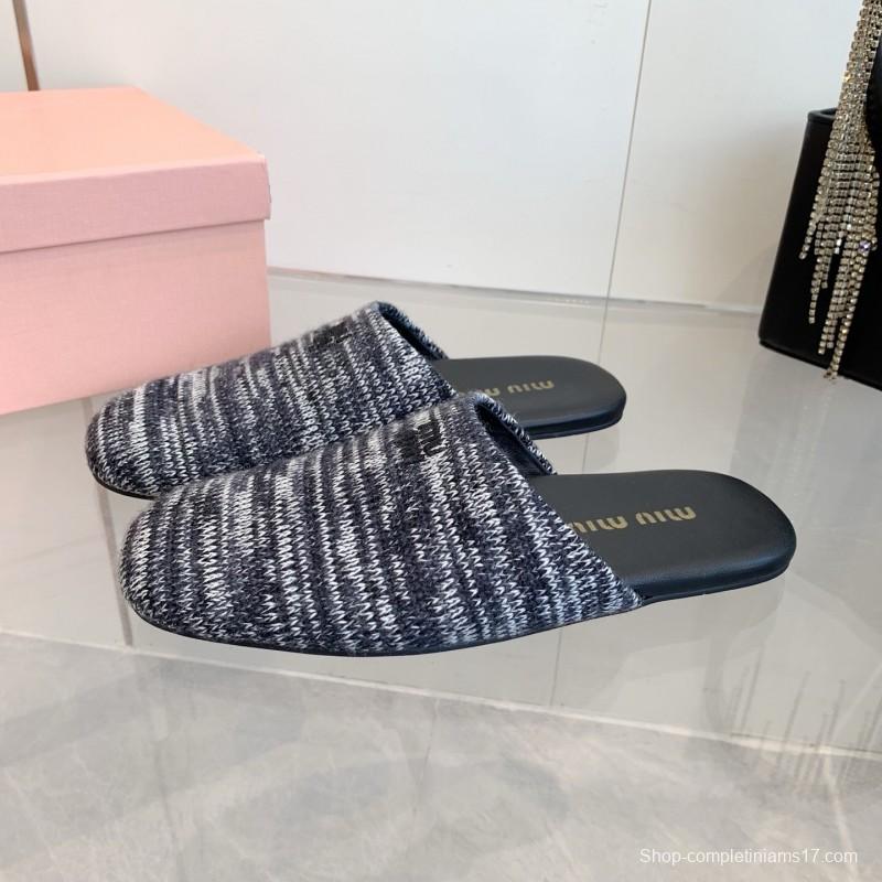 2025 Women Miu Miu Black White Knit Leather Slippers