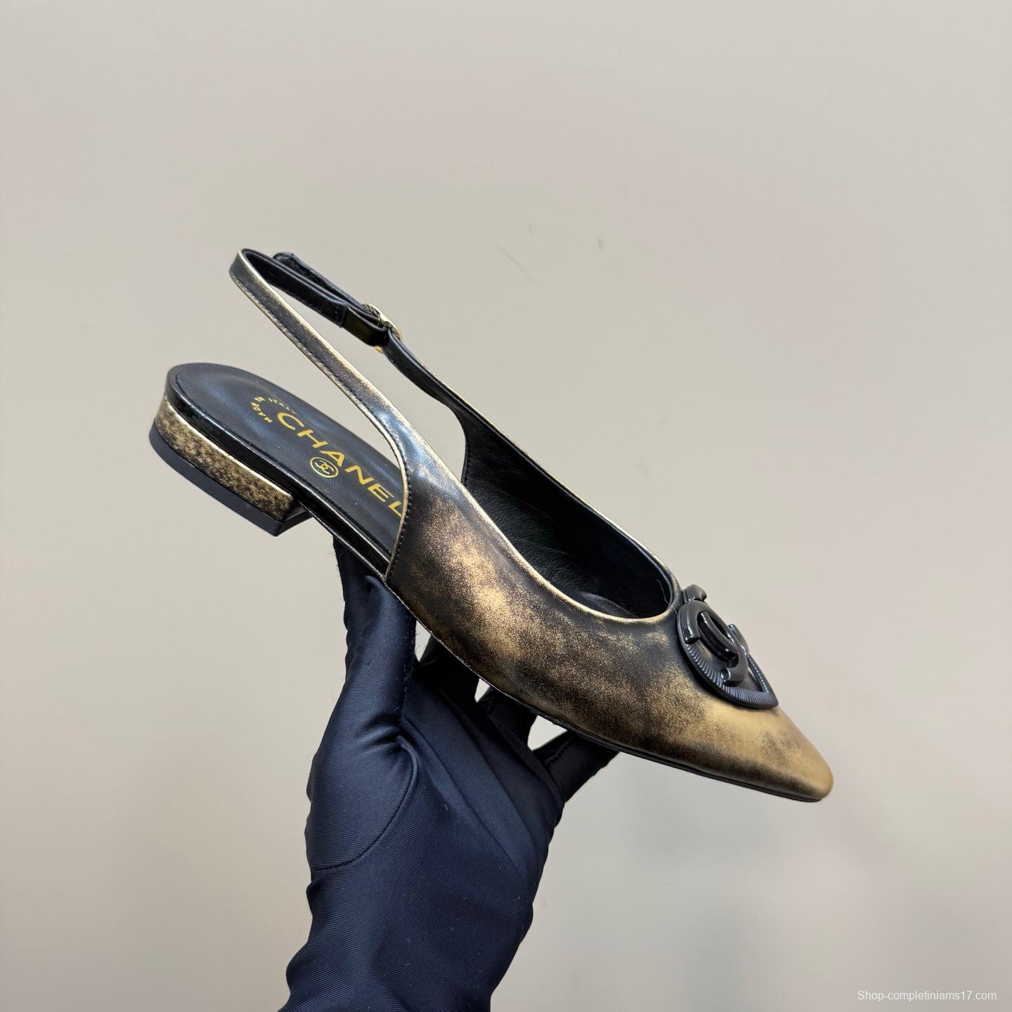 2025 Women Chanel Black Gold Satin Leather Sandals KFY00290