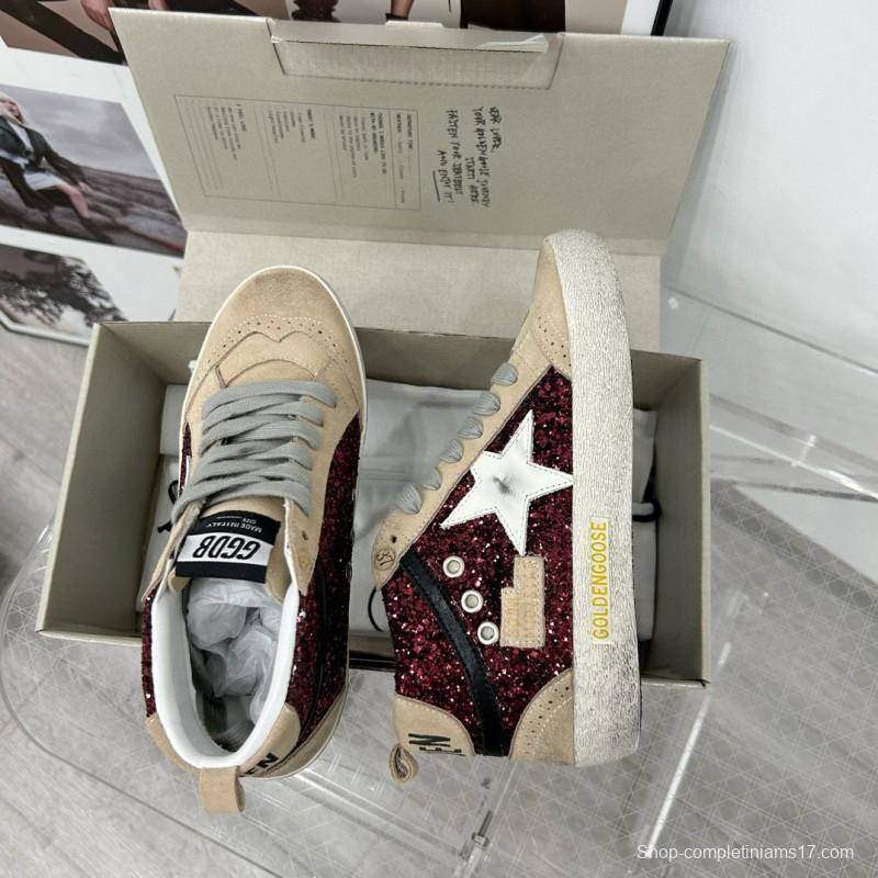 2024 Unisex GGDB Burgundy Beige Glitter Leather High Top Sneakers MJ00300