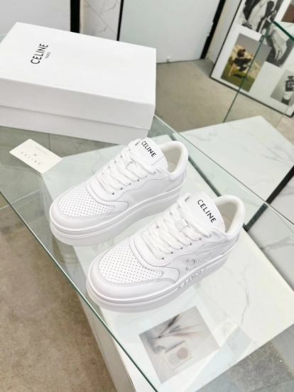 2025 Women Celine White Leather Platform Sneakers Embossed KFY00270