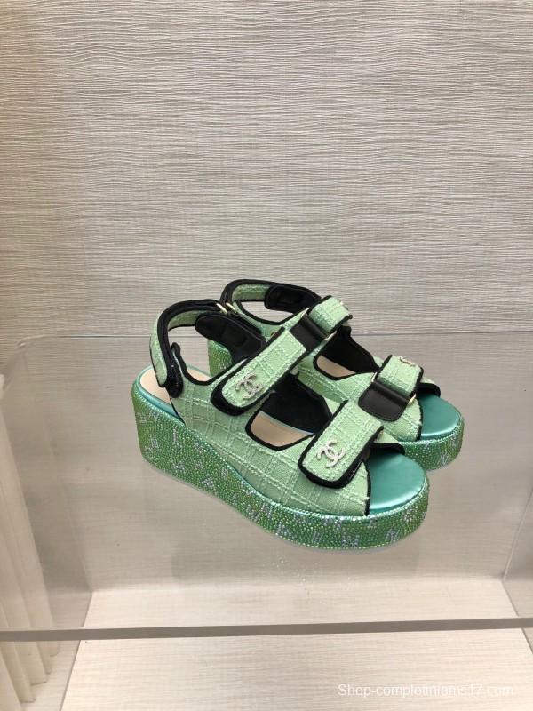 2025 Slippers Chanel Mint Green Textile Platform Sandals LY00330