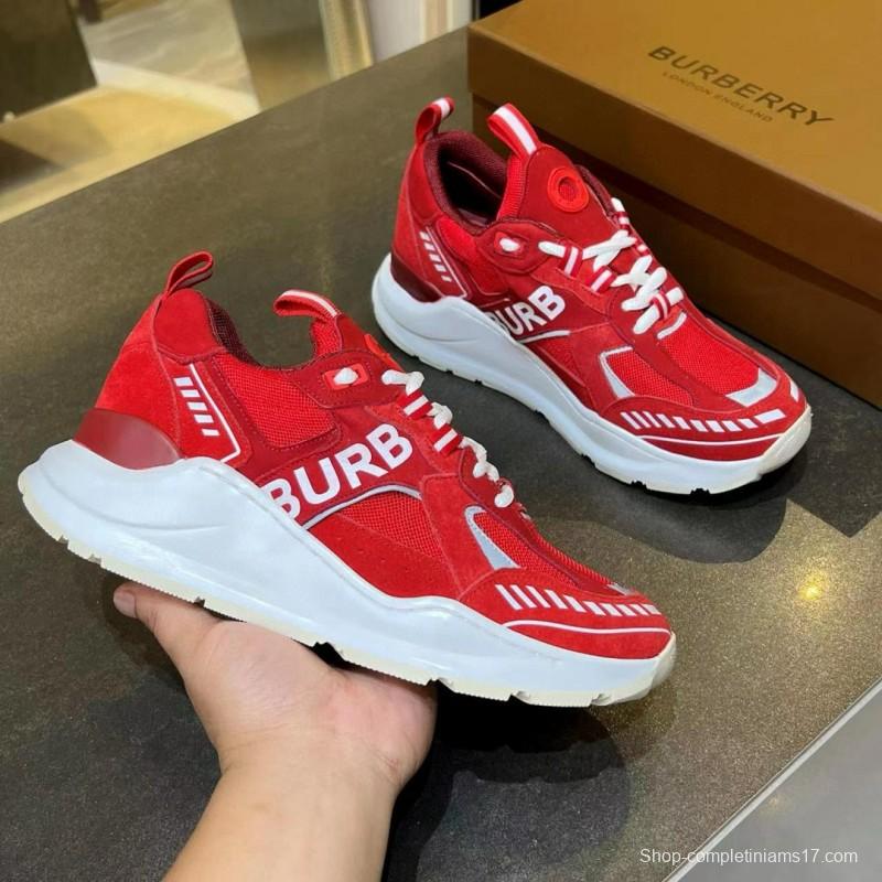 2025 Unisex Burberry Red Suede Leather Mesh Platform Sneakers MJ00380