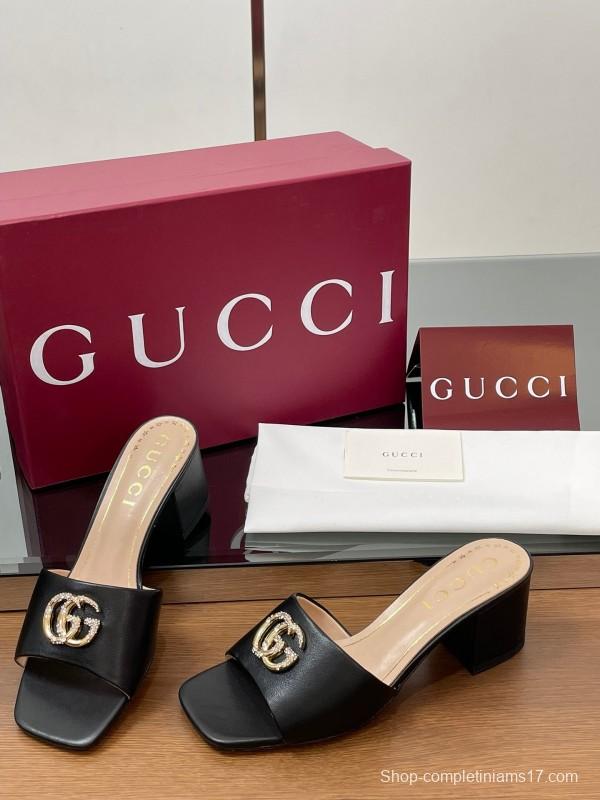 2025 Women Gucci Black Leather Slippers Crystal GG Buckle LY00280