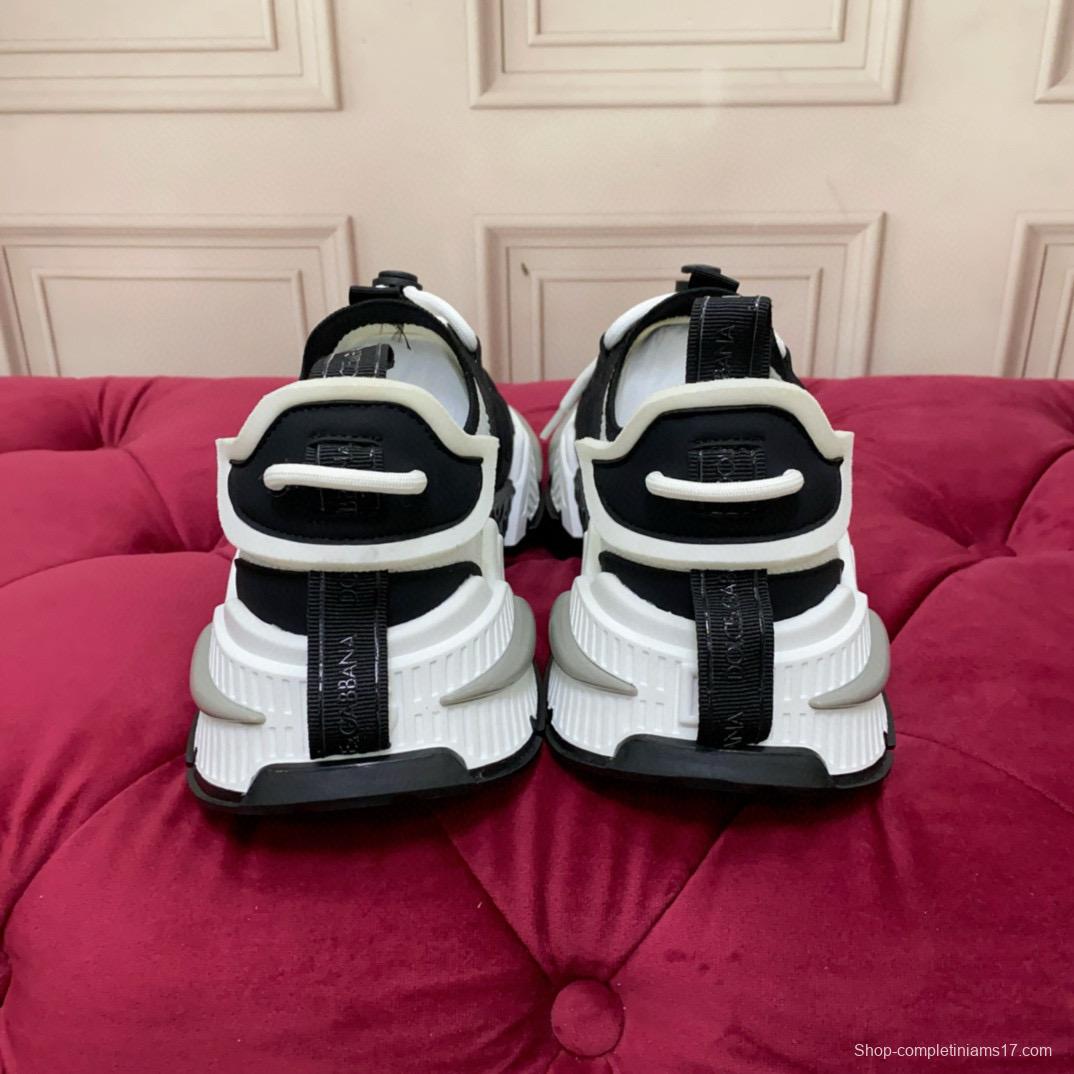 2024 Unisex Dolce & Gabbana Black White Knit Leather Sneakers MJ00340
