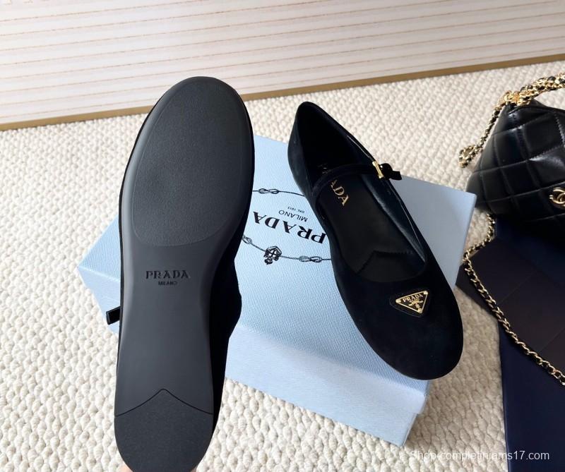 2025 Women Prada Black Suede Mary Jane Ballet Flat