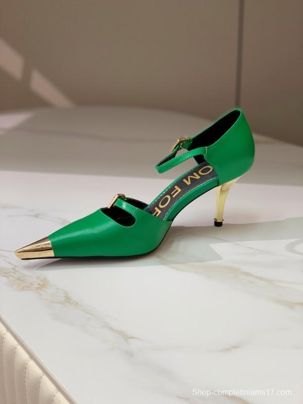 2025 Women TOM FORD Green Gold Leather Pointed Toe Mary Jane KFY00320