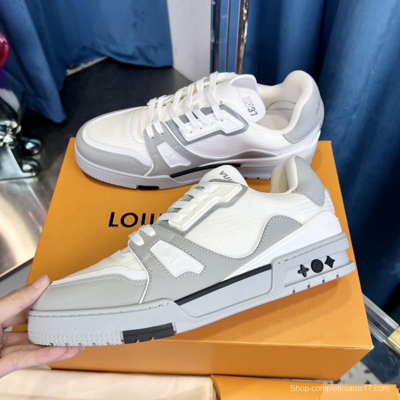 2025 Unisex Louis Vuitton White Grey Leather Mesh LV Trainer