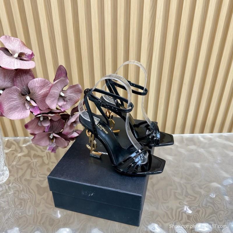 2025 Women Yves Saint Laurent Black Patent Leather High Heel Sandals Metal Logo MJ00310