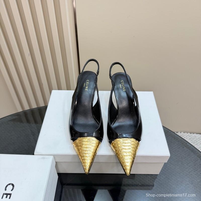 2025 Women CELINE Black Gold Leather Slingback Heels