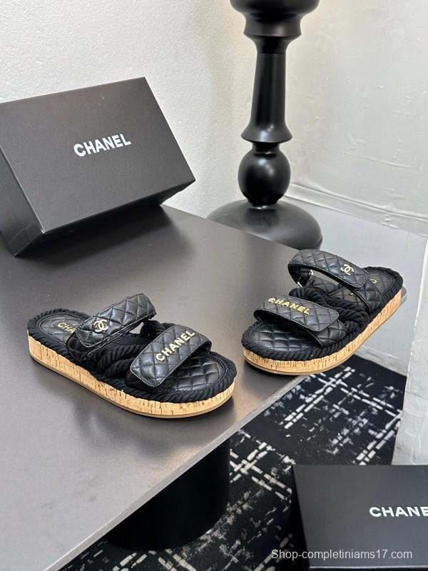 2025 Slippers Chanel Black Leather Cork Sole Sandal LY00250