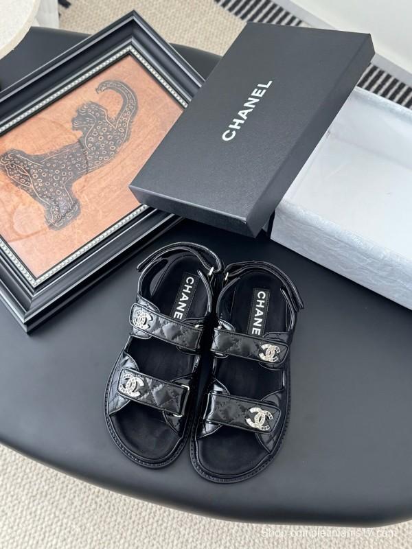 2025 Women Chanel Black Patent Leather Sandals LY00320